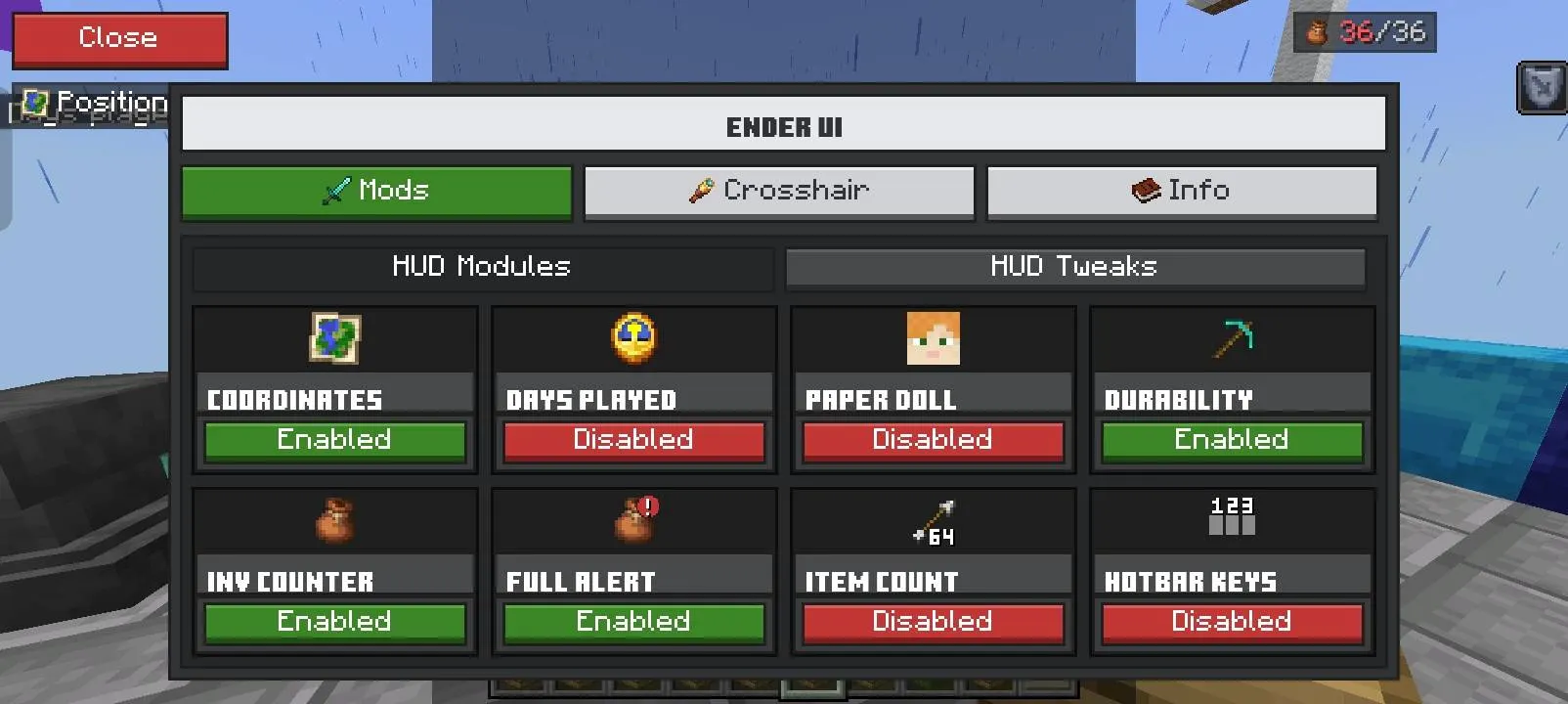 Ender UI mod menu: coordinates, days played, paper doll, durability and inventory modules