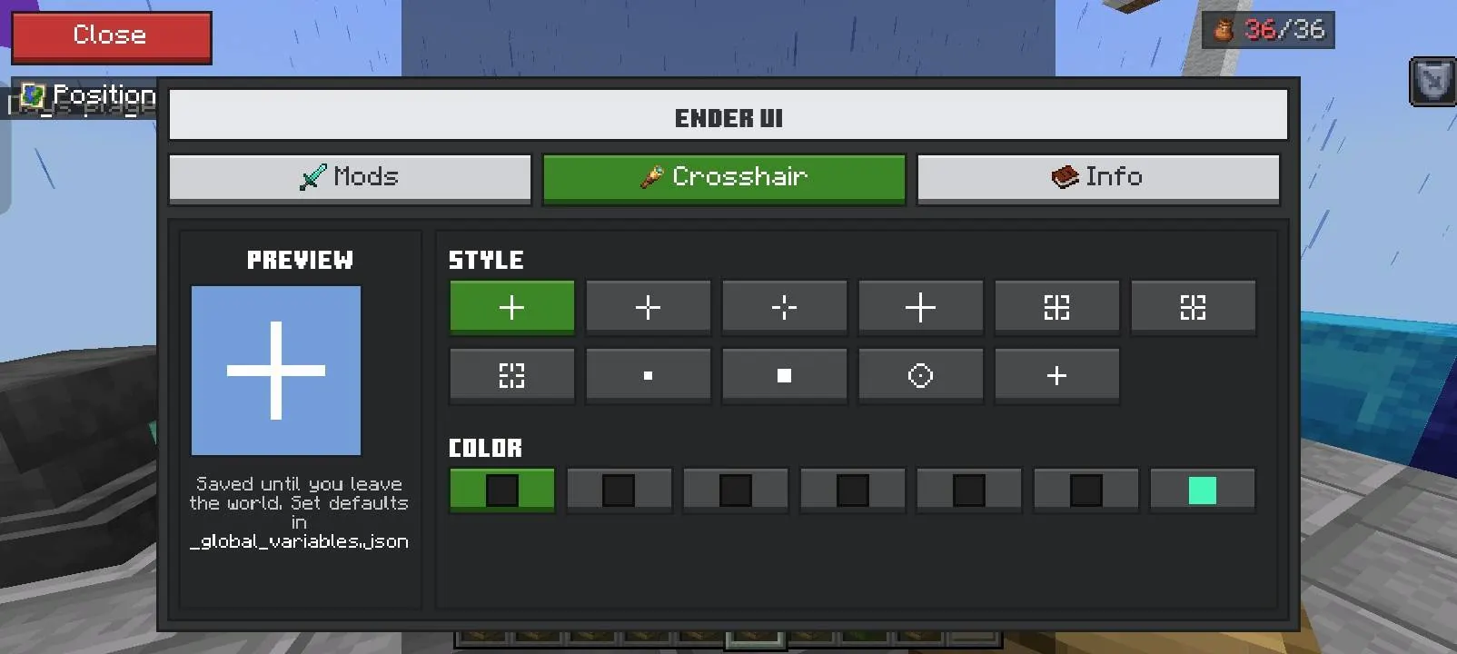 Ender UI crosshair picker with style and colour options